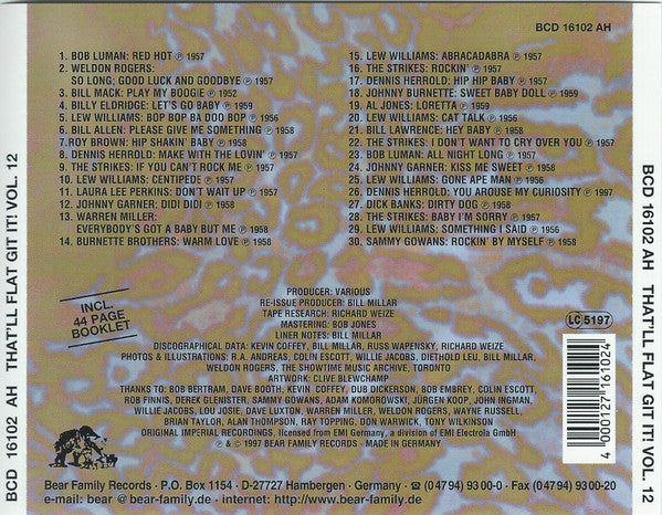 Image of Back Cover of CD - VG+/VG+ - VARIOUS, That'll Flat ... Git It! Vol. 12: Rockabilly From The Vaults Of Imperial Records (Bear Family Records; BCD 16102 AH, Germany 1997, Jewel Case), ,  - 4056337S