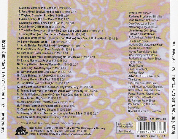 Image of Back Cover of CD - VG+/VG+ - VARIOUS, That'll Flat ... Git It! Vol. 26: Rockabilly From The Vault Of 4 Star Records (Bear Family Records; BCD 16876 AH, Germany 2008, Jewel Case), ,  - 4056338S