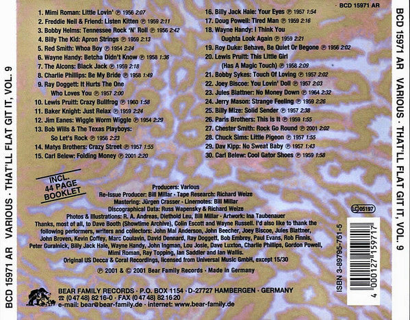 Image of Back Cover of CD - VG+/VG+ - VARIOUS, That'll Flat ... Git It! Vol. 9: Rockabilly From The Vaults Of Decca Records (Bear Family Records; BCD 15971 AR, Germany 2001, Jewel Case), ,  - 4056339S