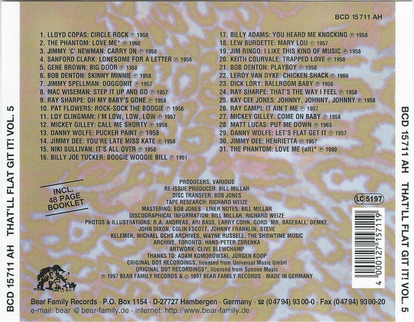 Image of Back Cover of CD - VG+/VG+ - VARIOUS, That'll Flat ... Git It! Vol. 5: Rockabilly And Rock 'N' Roll From The Vaults Of Dot Records (Bear Family Records; BCD 15711 AH, Germany 1997, Jewel Case), ,  - 4056340S