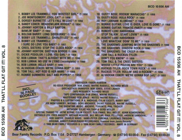 Image of Back Cover of CD - VG+/VG+ - VARIOUS, That'll Flat ... Git It! Vol. 8: Rockabilly From The Vaults Of Abbott-Fabor-Radio Records (Bear Family Records; BCD 15936 AH, Germany 1996, Jewel Case), ,  - 4056341S
