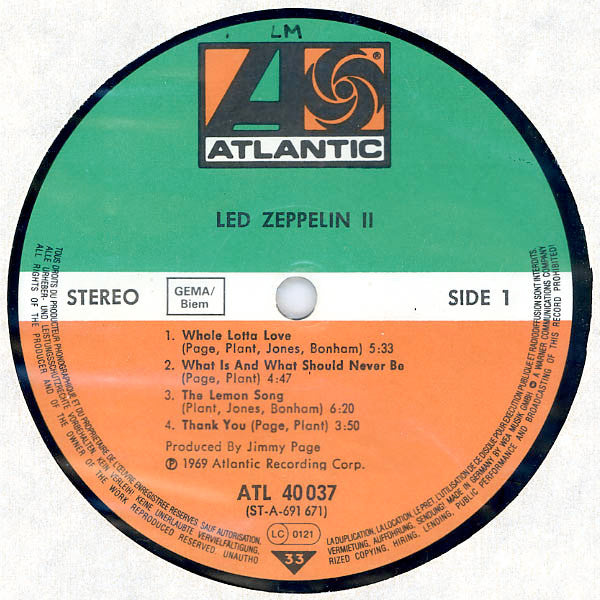 Image of Label Cover of LP - VG/G+ - LED ZEPPELIN, Led Zeppelin II (Atlantic; ATL 40 037, Europe 1980s Reissue, Gatefold, GEMA/Biem), Hairlines, edge wear,  - 4146003S