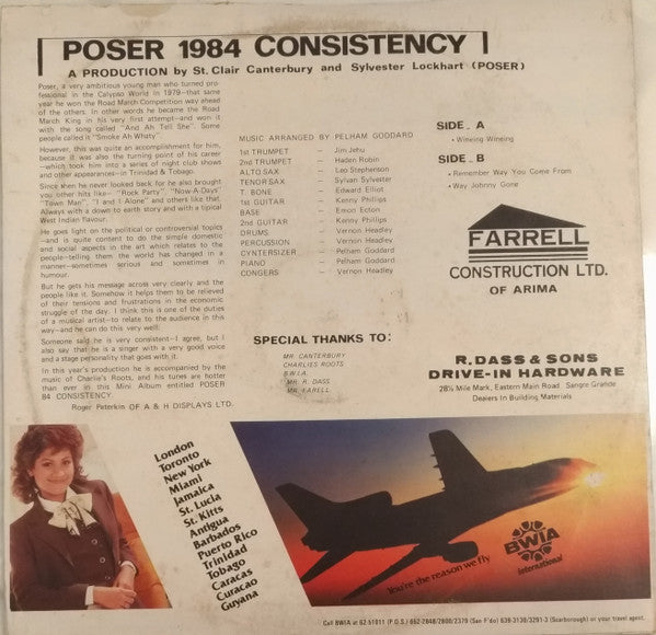 Image of Back Cover of LP - VG/VG - POSER, Poser '84 (RH Productions; none, Trinidad & Tobago 1984), Light marks on either side of the record. Sleeve has some discolouring and edge wear.WOL/WOS,  - 4146035S
