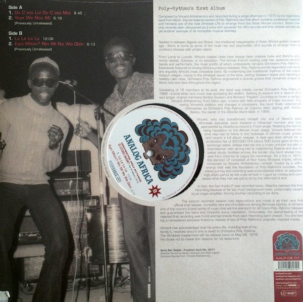 Image of Back Cover of LP - VG+/VG - ORCHESTRE POLY RYTHMO DE COTONOU DAHOMEY, The 1st Album (1973) (Analog Africa; AALP-DE 01, Germany 2011 Reissue, Picture Sleeve), Strong VG, only light hairlines from storage,  - 4026405E