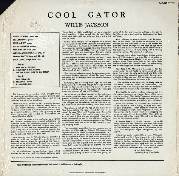 Image of Back Cover of LP - VG/VG+ - WILLIS JACKSON, Cool "Gator" (Original Jazz Classics; OJC-220, US 1986 Reissue), A couple of light hairlines only. Sleeve has crease, edgewear. ,  - 4126004E