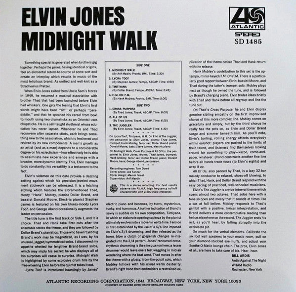 Image of Back Cover of 12" - VG+/VG+ - ELVIN JONES, Midnight Walk (Speakers Corner Records; SD 1485, Germany 2019 Reissue), ,  - 4146040S