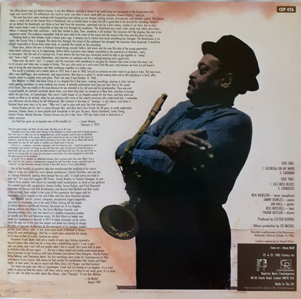 Image of Back Cover of LP - VG/VG - BEN WEBSTER, At The Renaissance (Boplicity Records; COP 026, UK 1985), ,  - 4126006E