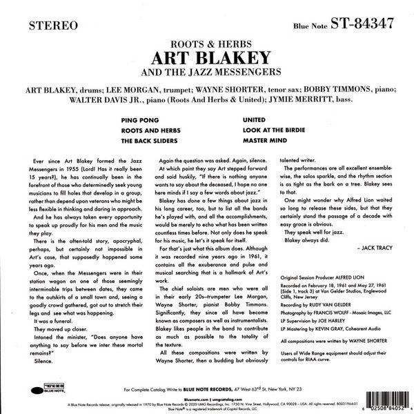 Image of Back Cover of LP - VG+/VG+ - ART BLAKEY AND THE JAZZ MESSENGERS, Roots & Herbs (Blue Note; B0031964-01, Worldwide 2020, Gatefold), ,  - 4146041S