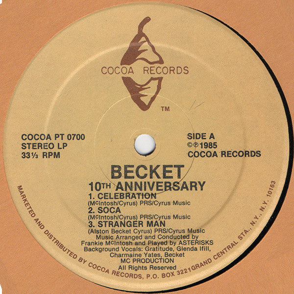 Image of Label Cover of LP - VG/VG - BECKET, 10th Anniversary (Cocoa Records; Cocoa PT 0700, US 1985), ,  - 4146044S