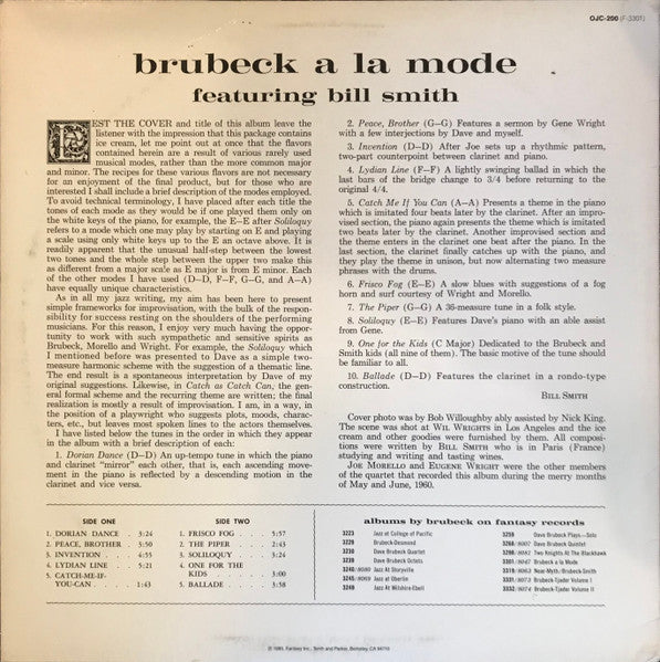 Image of Back Cover of LP - VG/VG+ - DAVE BRUBECK FEATURING BILL SMITH, Brubeck A La Mode (Original Jazz Classics; OJC-200, US 1985 Reissue), Sleeve still in shrink but with 2 bumped corners, crease. ,  - 4126009E