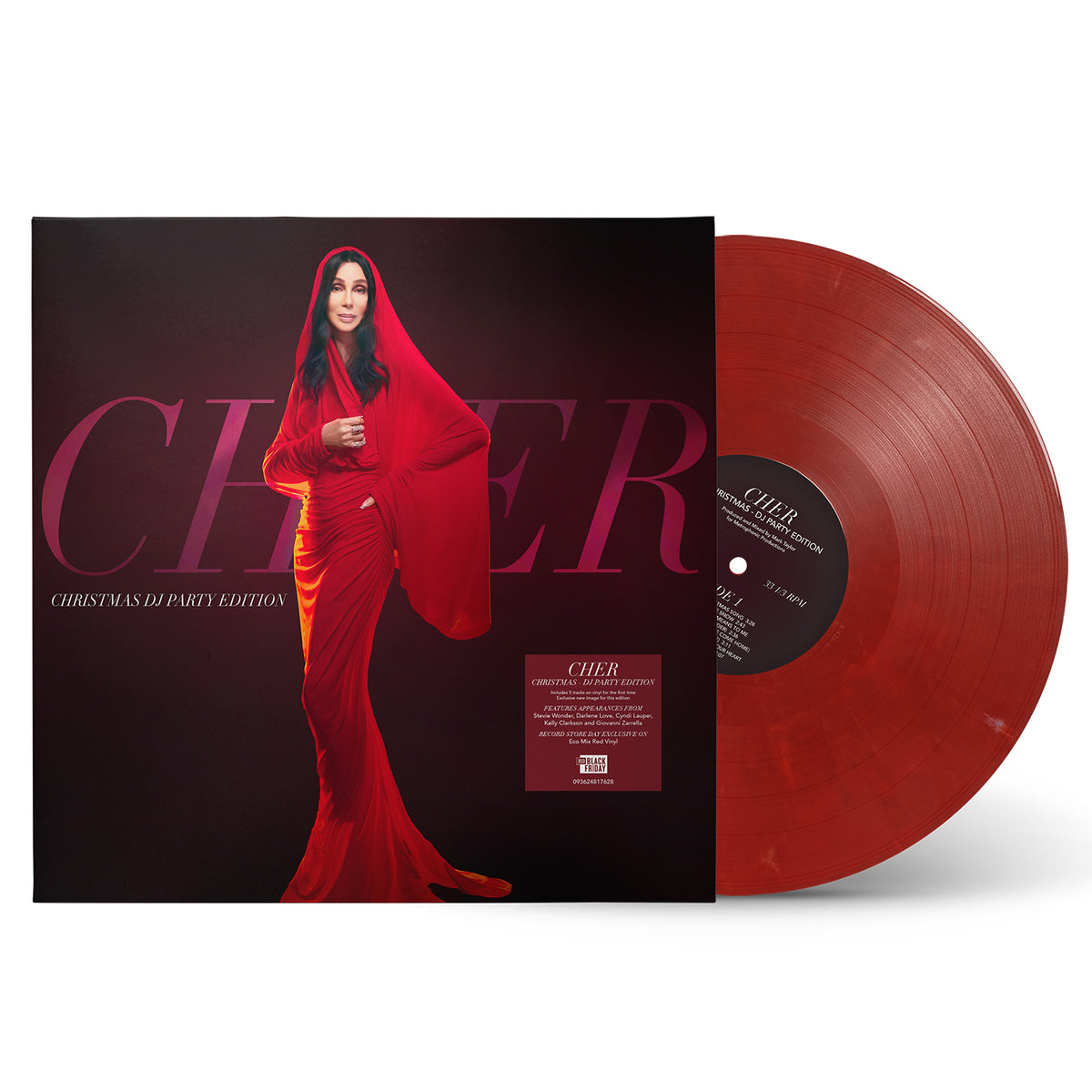 Image of Front Cover of 12" - NEW/NEW - CHER, Christmas EP (Warner Records; 0093624817628, UK 2026, Red Ecomix Vinyl), , "Cher rings in the holidays like only she can with this special Record Store Day release. While the 2023 project was previously available digitally, five tracks now make their debut on a physical format, namely “Christmas Is Here,"" ""Angels In The Snow (Discotastique! Mix),” and three versions of the hit ""DJ Play A Christmas Song.” With duets featuring Stevie Wonder, Darlene Love, Cyndi