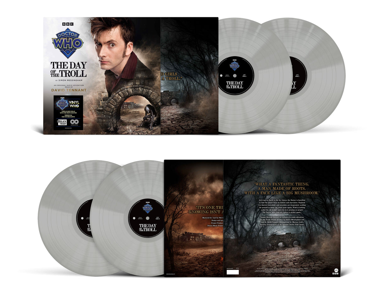 Image of Front Cover of 2xLP - NEW/NEW - DOCTOR WHO, The Day of the Troll (Demon Records; DEMWHOLP022, UK 2026, Trollface Coloured Vinyl), , Demon Records present an exclusive-to-audio adventure for the Tenth Doctor, written by Simon Messingham and read by David Tennant, accompanied by Murray Gold’s stirring arrangement of the familiar Doctor Who theme. This creepy story on 2LP Trollface coloured vinyl comes in a wide-spine sleeve with illustrated inner sleeves, exclusive to Record Store Day’s Black Friday 