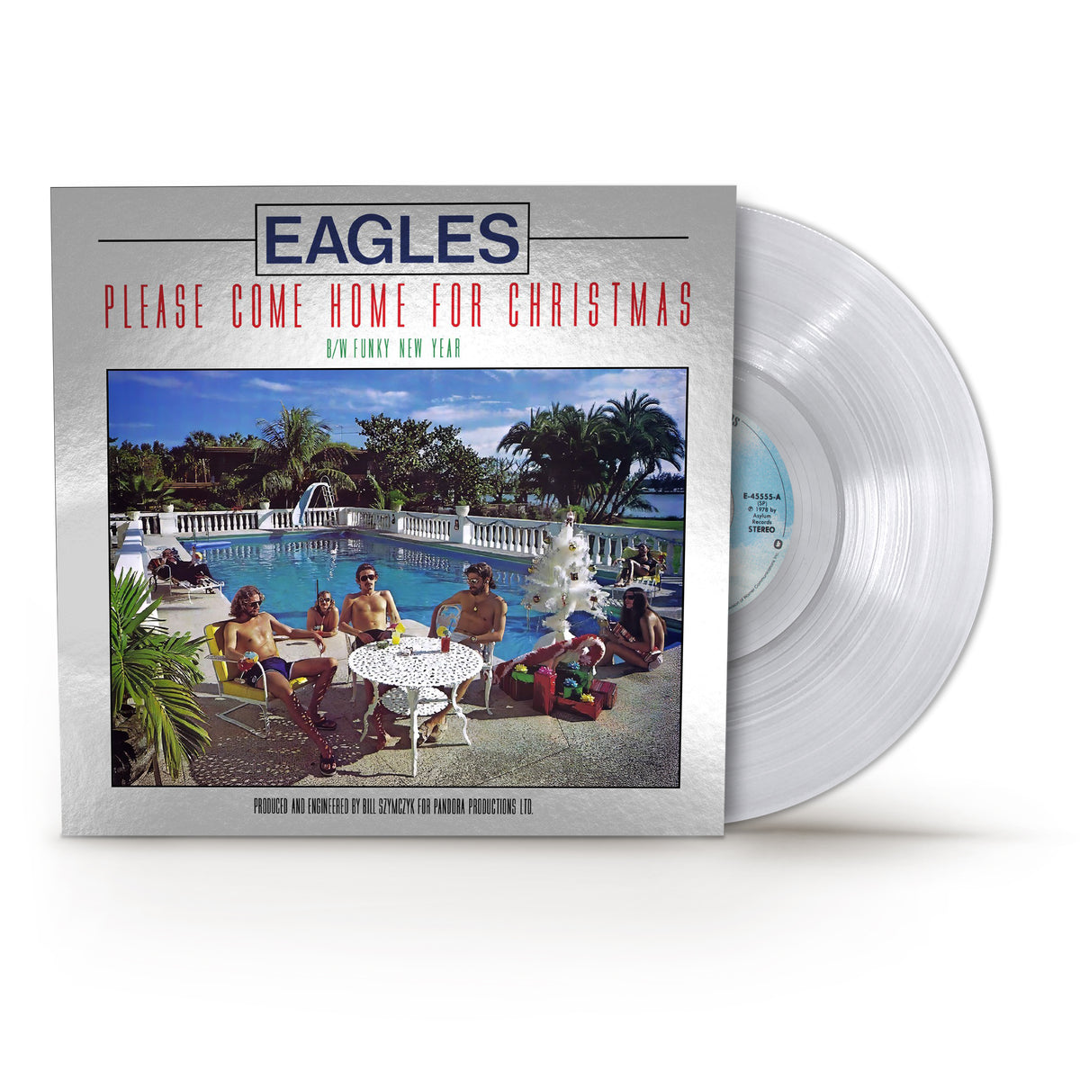 Image of Front Cover of 12” - NEW/NEW - THE EAGLES, Please Come Home For Christmas/Funky New Year (Elektra / Rhino; 0081227801731, UK 2026, Crystal Clear Vinyl), , First time as a 12" single for this perennial Christmas favorite by the Eagles. Remastered from original analog tapes by Chris Bellman at Bernie Grundman Mastering. 12" single in board sleeve on crystal clear vinyl. - 9417744C
