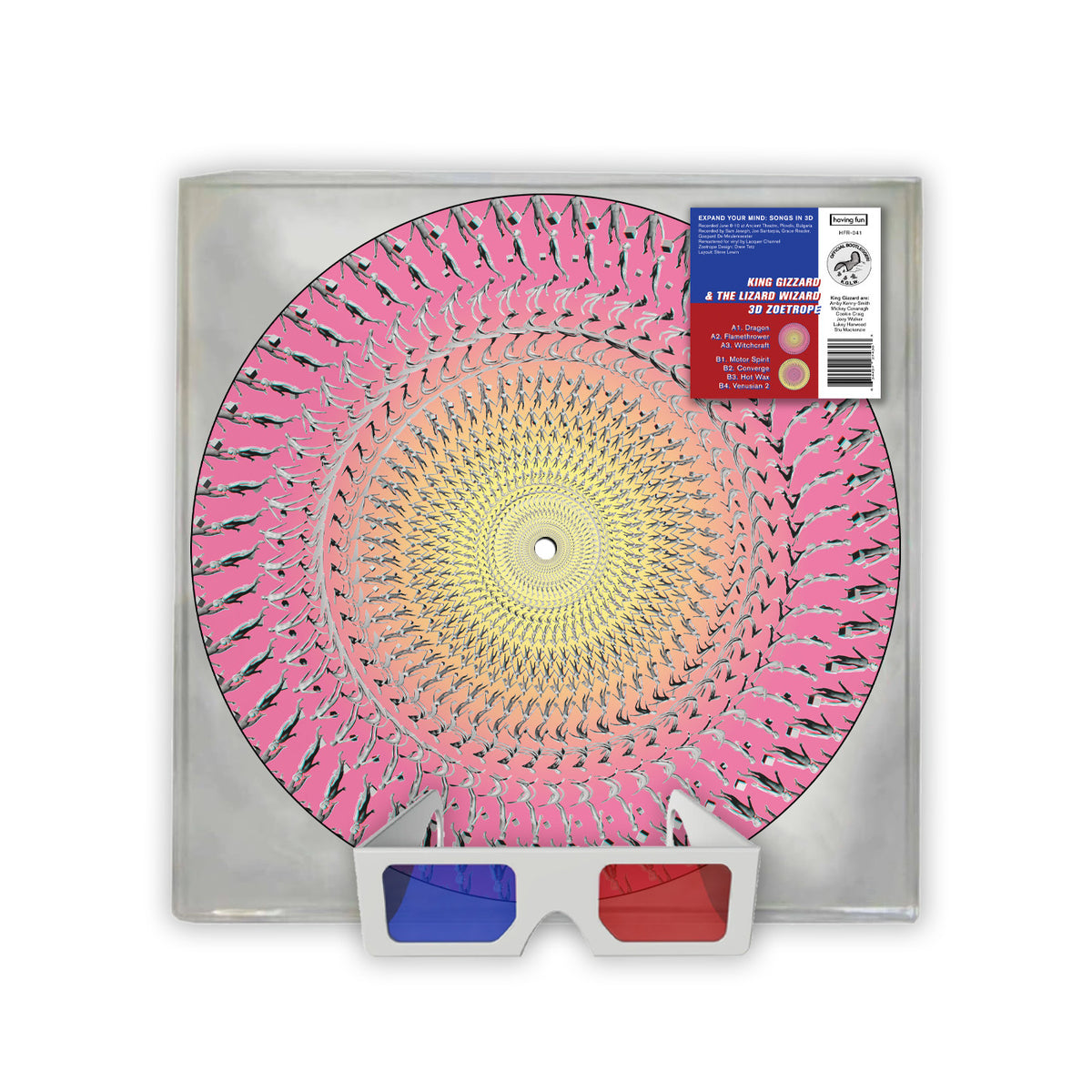Image of Front Cover of LP - NEW/NEW - KING GIZZARD AND THE LIZARD WIZARD, Expand Your Mind: Songs in 3D (Deluxe Edition) (Having Fun Records; LPHVGF041IE, UK 2026, 3D Zoetrope), , King Gizzard & The Lizard Wizard returns to the officially sanctioned Bootlegger Series through Having Fun Records with what the label believes to be the first-ever 3D zoetrope record, complete with 3D glasses. Designed by zoetrope wizard (see what we did there), Drew Tetz, the album features songs from the band's 2025 Bulgaria p