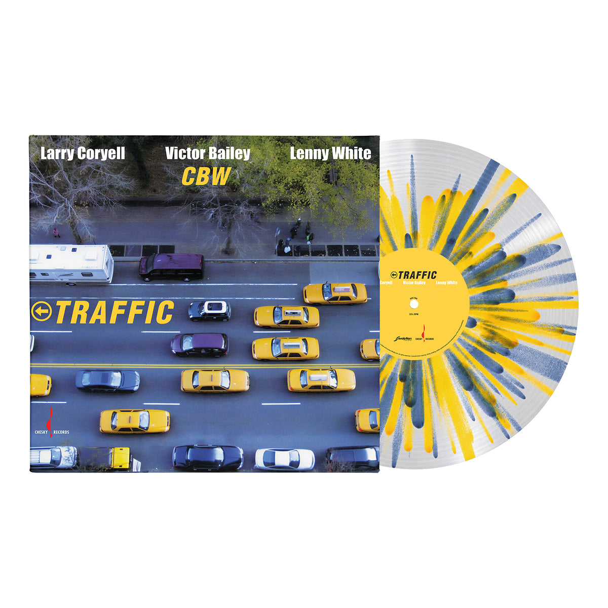 Image of Front Cover of LP - NEW/NEW - LARRY CORYELL, VICTOR BAILEY, LENNY WHITE, Traffic (Chesky Records; EVLP130TS, UK 2026, 180g Blue and Yellow Splatter Vinyl), , The album is a masterclass in interplay and virtuosity, featuring a legendary rhythm section that anchored some of the greatest fusion recordings of the '70s and '80s. Larry Coryell, often called the ""Godfather of Fusion"", is captured here at his most fluid, backed by Bailey's iconic fretless bass and White's powerhouse drumming. - 9417779C
