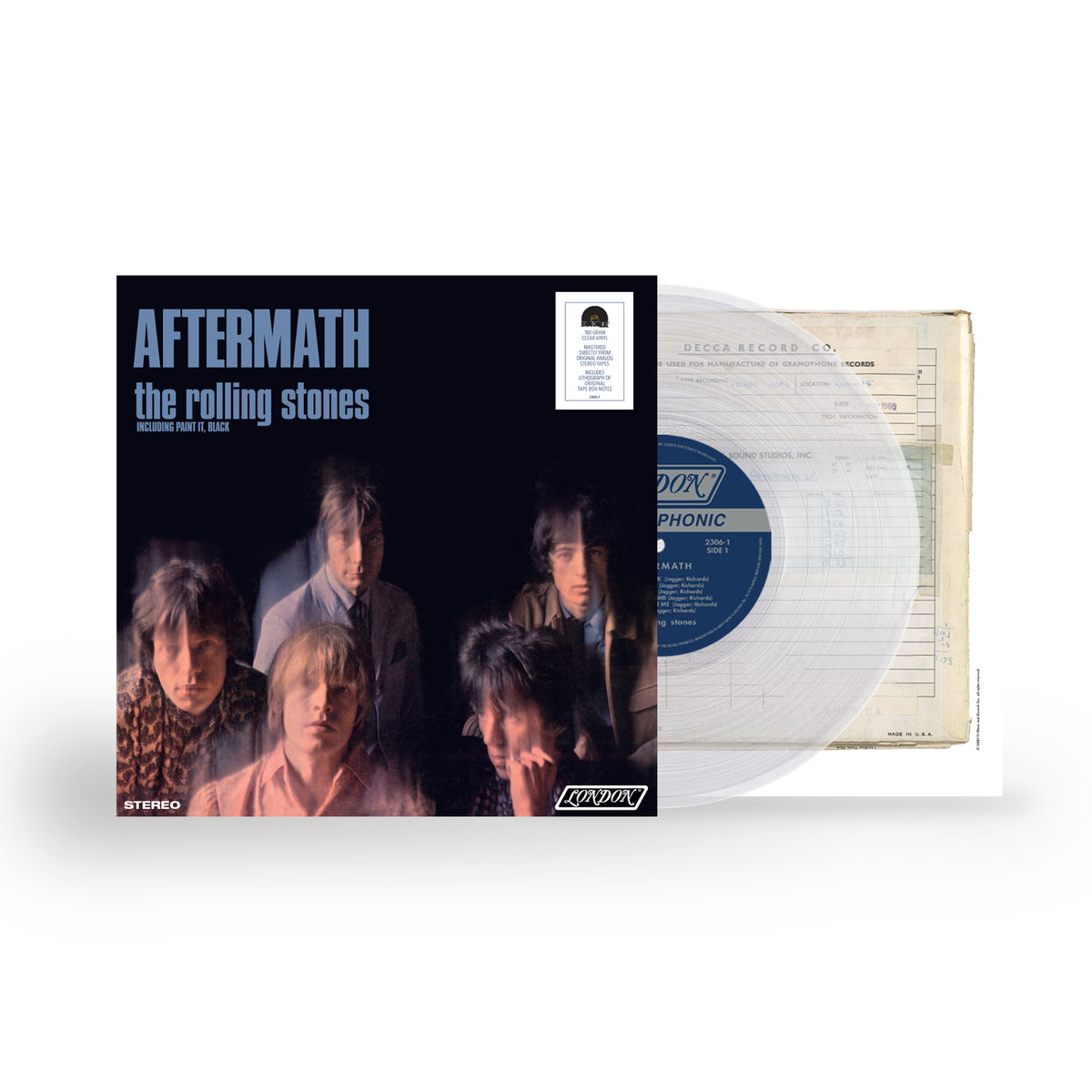 Image of Front Cover of LP - NEW/NEW - THE ROLLING STONES, Aftermath (US) (UMR/ABKCO; , UK 2026, 180g Clear Vinyl), , Released for November RSD / Black Friday. The 1966 album represented a milestone for The Rolling Stones as it was the first to consist solely of Jagger / Richards original songs. The US version was fleshed out with hit singles like “Paint It, Black,” an eerily insistent number 1 hit, graced by some of the best-ever use of sitar (played by Brian Jones). Aftermath also strongly features the ba