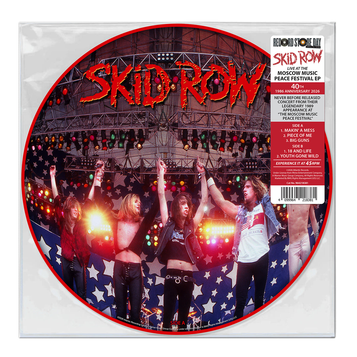 Image of Front Cover of 12" - NEW/NEW - SKID ROW, Live at the Moscow Music Peace Festival (BMG; , UK 2026, Picture Disc), , Never before released 6 track live EP from their first tour in 1989 on 12” picture disc vinyl.   Features the huge singles “18 and Life”, “Youth Gone Wild”, “I Remember You” and fan favorites like “Piece Of Me” and more. Skid Row celebrates their 40th anniversary as a band, 1986-2026. - 9417803C