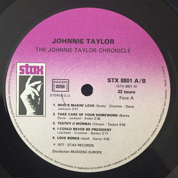 Image of Label Cover of 2xLP - VG/VG - JOHNNIE TAYLOR, Chronicle: The Twenty Greatest Hits (Stax; STX 8801, US 1977), Disc 1 is VG+, Disc 2 is VG. ,  - 4126015E