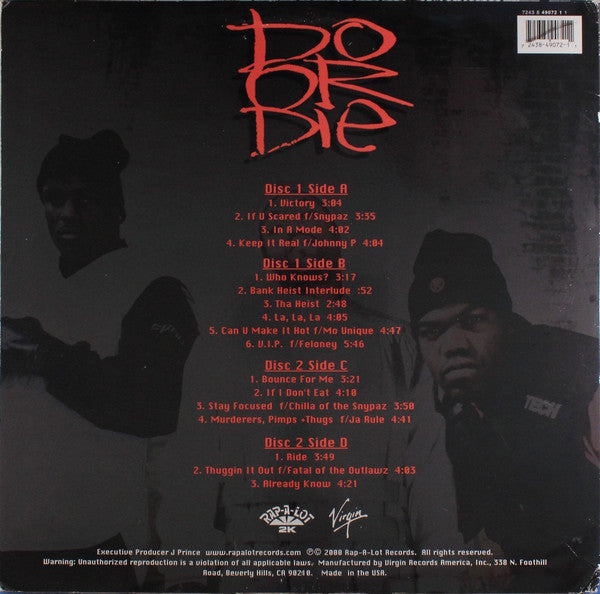 Image of Back Cover of LP - VG/VG - DO OR DIE, Victory (Rap-A-Lot 2K; 7243 8 49072 1 1, US 2000), A few light hairlines. Sleeve still in opened shrinkwrap but with edgewear, fluffed corners. ,  - 4126016E