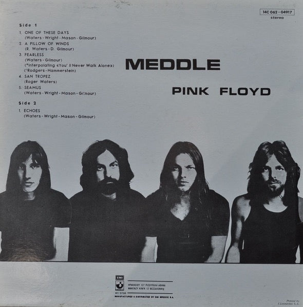 Image of Back Cover of LP - G+/G - PINK FLOYD, Meddle (Harvest Yellow/Green Labels With Small Pressing Ring; 14C 062-04917, Greece 1990s Reissue), Little light marks and some longer streaky hairlines, Wear to sleeve edges and tape to lower sleeve,  - 4116068C
