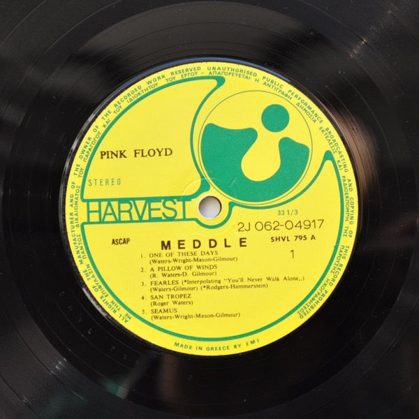 Image of Label Cover of LP - G+/G - PINK FLOYD, Meddle (Harvest Yellow/Green Labels With Small Pressing Ring; 14C 062-04917, Greece 1990s Reissue), Little light marks and some longer streaky hairlines, Wear to sleeve edges and tape to lower sleeve,  - 4116068C