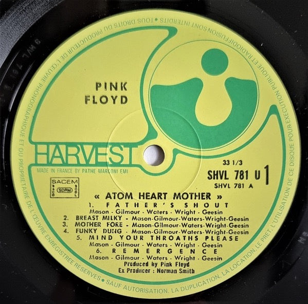 Image of Label Cover of LP - VG/G - PINK FLOYD, Atom Heart Mother (Harvest Green/Yellow Labels With SACEM Box; SHVL 781, France 1980s Reissue, Gatefold Sleeve With PM261 Price Code), ,  - 4116070C