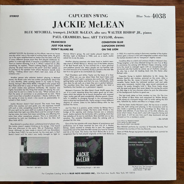 Image of Back Cover of LP - VG/VG - JACKIE MCLEAN, Capuchin Swing (Blue Note; BN 4038, US 2006), ,  - 4146056S