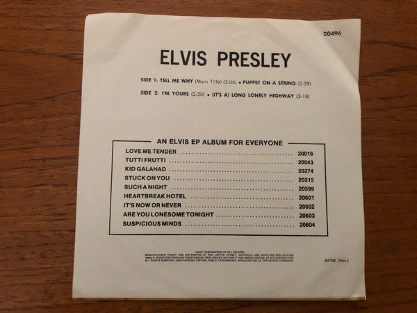 Image of Back Cover of 7" EP - VG+/VG+ - ELVIS PRESLEY, Tell Me Why (RCA Victor Tan Labels; 20496, Australia Reissue, Fold Over Sleeve), ,  - 4126123E