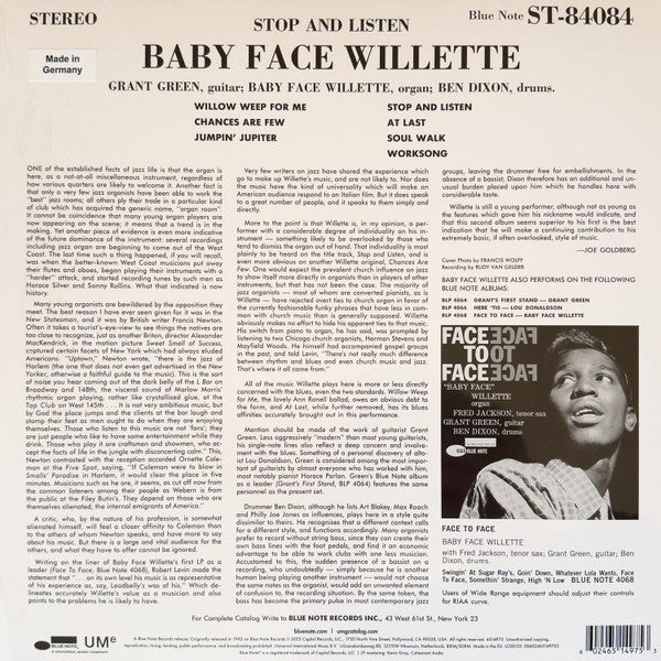 Image of Back Cover of LP - VG/VG+ - BABY FACE WILLETTE, Stop And Listen (Blue Note; 6514975, Worldwide 2025 Reissue, Picture Sleeve), ,  - 4126039E