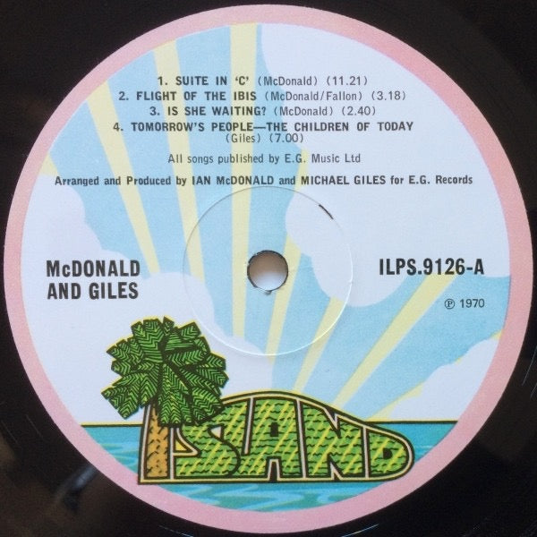 Image of Label Cover of LP - VG/G+ - MCDONALD AND GILES, McDonald And Giles (Island Records Pink Rim Label; ILPS 9126, UK 1973 Reissue, Robor Gatefold Sleeve), Light hairline marks only, Sleeve has some tape residue and indented marks to front. ,  - 4116071C