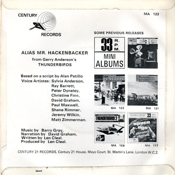 Image of Back Cover of 7" EP - VG/VG - BARRY GRAY, Alias Mr. Hackenbacker Featuring Brains (Century 21 Records ; MA 123, UK 1967, Laminated Flipback Sleeve), ,  - 4126118E