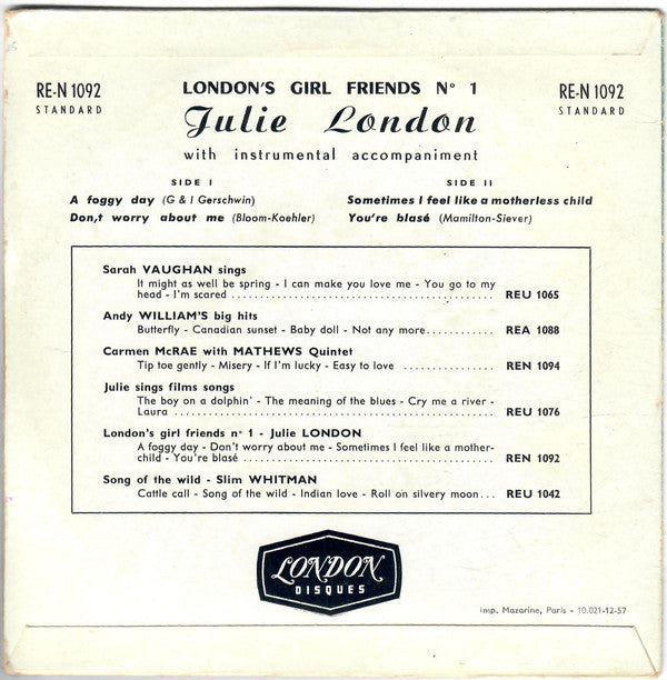 Image of Back Cover of 7" EP - VG/VG+ - JULIE LONDON, London's Girl Friends N  1 (Disques London ; RE-N 1092, France 1957, Flipback Sleeve), Edge Wear, Split Seam,  - 4126116E