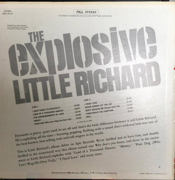 Image of Back Cover of LP - VG/VG - LITTLE RICHARD, The Explosive Little Richard (Okeh; OKS 14117, US 1967), ,  - 4126028E