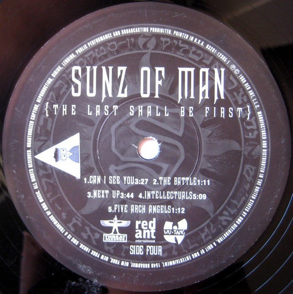 Image of Label Cover of 2xLP - VG/G+ - SUNZ OF MAN, The Last Shall Be First (Red Ant Entertainment; 63291-12305-1, US 1998, Insert), Lots of hairlines. Sleeve has edgewear, creases, ringwear, tatty opening section.,  - 4126029E