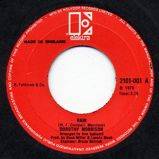 Image of Front Cover of 7" - /VG - DOROTHY MORRISON, Rain / John The Rabbit (Elektra ; 2101 001, UK 1970), ,  - 4126113E