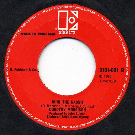 Image of Back Cover of 7" - /VG - DOROTHY MORRISON, Rain / John The Rabbit (Elektra ; 2101 001, UK 1970), ,  - 4126113E