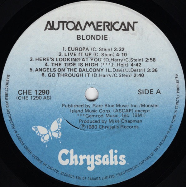 Image of Label Cover of LP - VG/VG - BLONDIE, Autoamerican (Chrysalis Blue/White Labels; CHE 1290, Canada 1980, Inner, DX Runout Side A, TLC Tunout Side B), A few light marks, Inner quite crinkled ,  - 4116074C