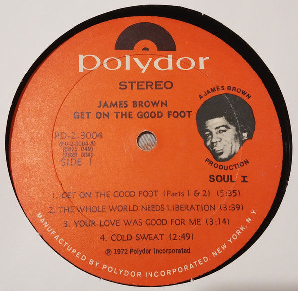 Image of Label Cover of 2xLP - F/VG - JAMES BROWN, Get On The Good Foot (Polydor; PD-2-3004, US 1972, Gatefold), Records have a few light hairlines. Labels stamped by previous customer with decal. Similar decals are on the sleeve on front, rear and inside gatefold. All seams split but one. Edgewear. Corner cut. Tear halfway down front of sleeve.,  - 4126062E