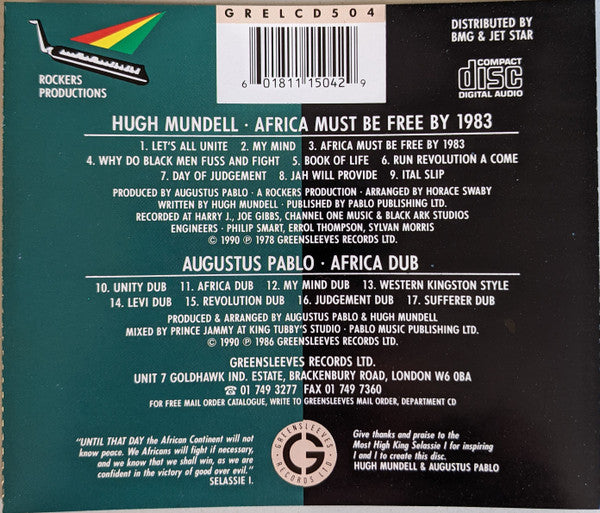 Image of Back Cover of CD - VG+/VG+ - HUGH MUNDELL / AUGUSTUS PABLO, Africa Must Be Free By 1983 / Africa Dub (Greensleeves Records; GRELCD 504, UK 1990, Jewel Case), ,  - 4136058E