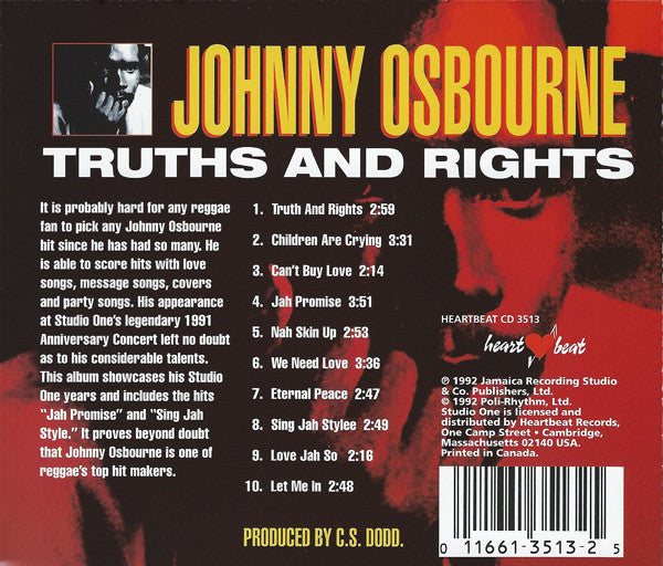 Image of Back Cover of CD - VG+/VG - JOHNNY OSBOURNE, Truths And Rights (Heartbeat Records; HEARTBEAT CD 3513, US 1992, Jewel Case), ,  - 4136059E