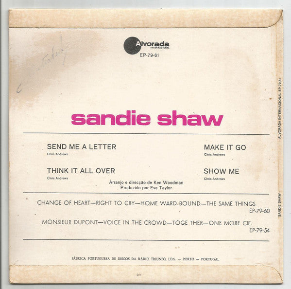 Image of Back Cover of 7" EP - VG/VG - SANDIE SHAW, Send Me A Letter (Alvorada ; EP-79-61, Portugal 1969, Laminated Flipback Sleeve), Damage To Sleeve Opening, Writing On Rear Sleeve,  - 4126101E