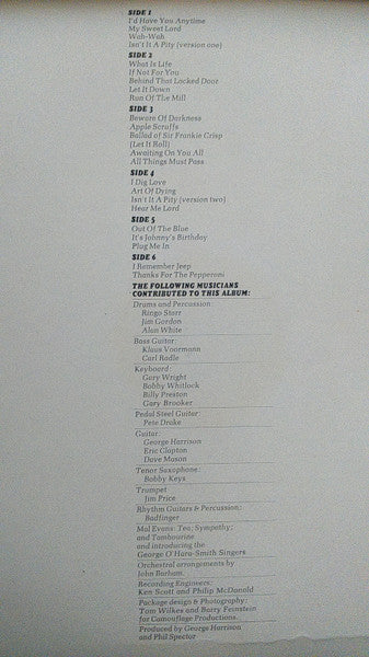 Image of Back Cover of 3xLP - VG/G+ - GEORGE HARRISON, All Things Must Pass (Parlophone Black & Silver Labels With One EMI Box; STCH 639, South Africa 1971 Reissue, Box Set With Tracklist Printed Inside), Light marks only, Good gloss to discs, Very light fogging to disc 3, Box intact with some wear all round ,  - 4116076C
