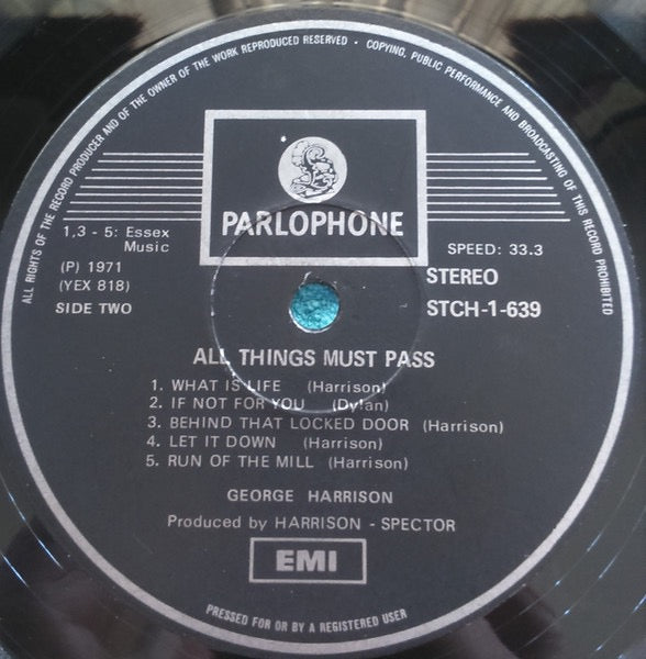 Image of Label Cover of 3xLP - VG/G+ - GEORGE HARRISON, All Things Must Pass (Parlophone Black & Silver Labels With One EMI Box; STCH 639, South Africa 1971 Reissue, Box Set With Tracklist Printed Inside), Light marks only, Good gloss to discs, Very light fogging to disc 3, Box intact with some wear all round ,  - 4116076C