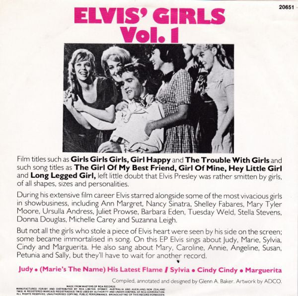 Image of Back Cover of 7" EP - VG/VG - ELVIS PRESLEY, Elvis' Girls Vol. 1 (RCA ; 20651, Australia 1982, Fold Over Sleeve), Sleeve Creased,  - 4126098E
