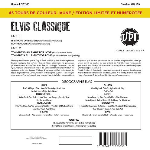 Image of Back Cover of 7" EP - EX/EX - ELVIS PRESLEY, Classique (VPI; 782 535, France 2016, Picture Sleeve, Yellow Vinyl), Still In Opened Shrinkwrap, Limited Edition Number 232,  - 4126097E