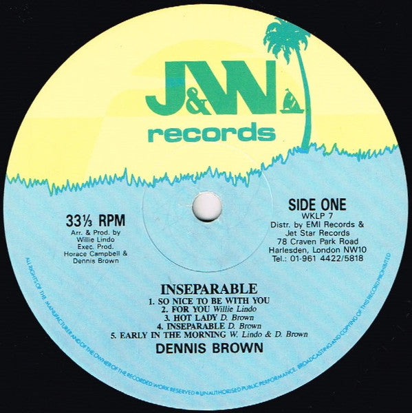Image of Label Cover of LP - VG+/VG+ - DENNIS BROWN, Inseparable (J&W Records; WKLP 7, UK 1987), ,  - 4126129E