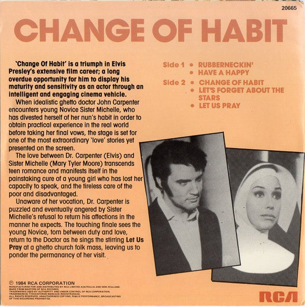 Image of Back Cover of 7" EP - VG+/VG - ELVIS PRESLEY, Change Of Habit (RCA Victor Tan Label; RCA 20665, Australia 1984, Picture Sleeve), Strong VG, A1 - Rubberneckin	A2 - Have A Happy	B1 - Change Of Habit	B2 - Let's Forget About The Stars	B3 - Let Us Pray - 4126096E