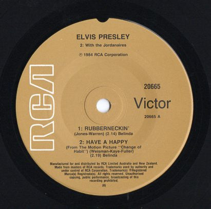 Image of Label Cover of 7" EP - VG+/VG - ELVIS PRESLEY, Change Of Habit (RCA Victor Tan Label; RCA 20665, Australia 1984, Picture Sleeve), Strong VG, A1 - Rubberneckin	A2 - Have A Happy	B1 - Change Of Habit	B2 - Let's Forget About The Stars	B3 - Let Us Pray - 4126096E