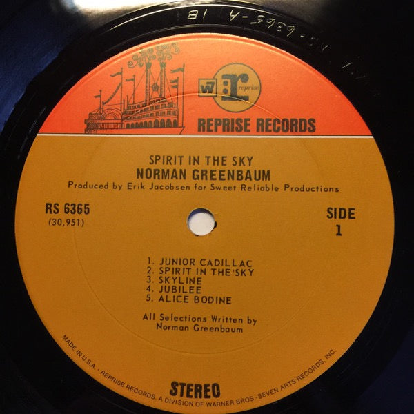 Image of Label Cover of LP - VG/G+ - NORMAN GREENBAUM, Spirit In The Sky (Reprise Records; RS 6365, US 1969, Pasteback Sleeve, Company Inner, Pitman Pressing With Customatrix), Hairlines and some mottling,  - 4116079C