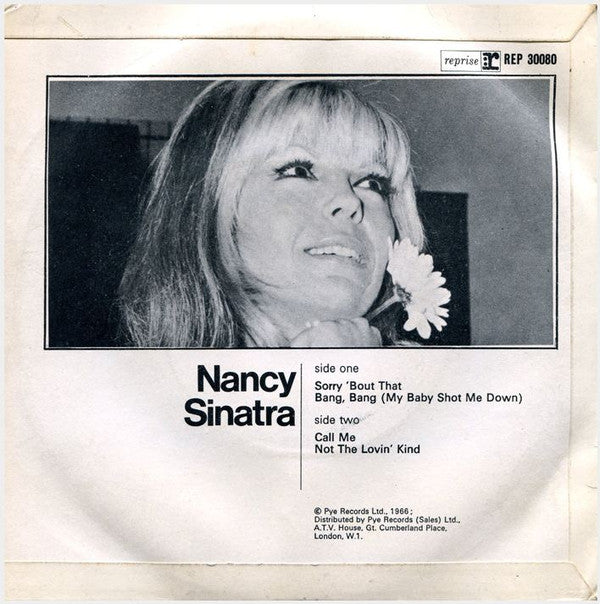 Image of Back Cover of 7" EP - VG+/VG+ - NANCY SINATRA, Sorry 'Bout That (Pye Records ; REP 30080, UK 1966, Laminated Flipback Sleeve), Writing On Rear Sleeve,  - 4126091E